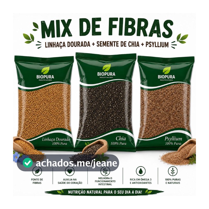 1KG De Mix de Fibras Psyllium Chia e Linhaça Dourada 100% Natural Premium para Vitaminas Iogurtes Saladas, Receitas Fit
