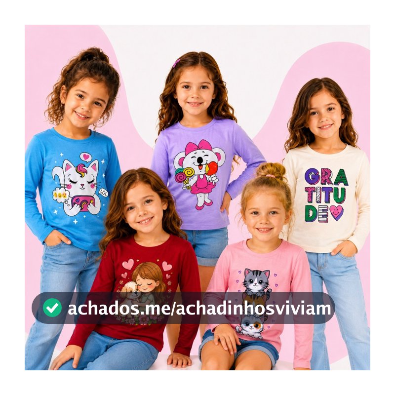 Kit 5 Camiseta Infantil Manga Longa Menina Feminino 100% Algodão Inverno 2 à 8 Anos