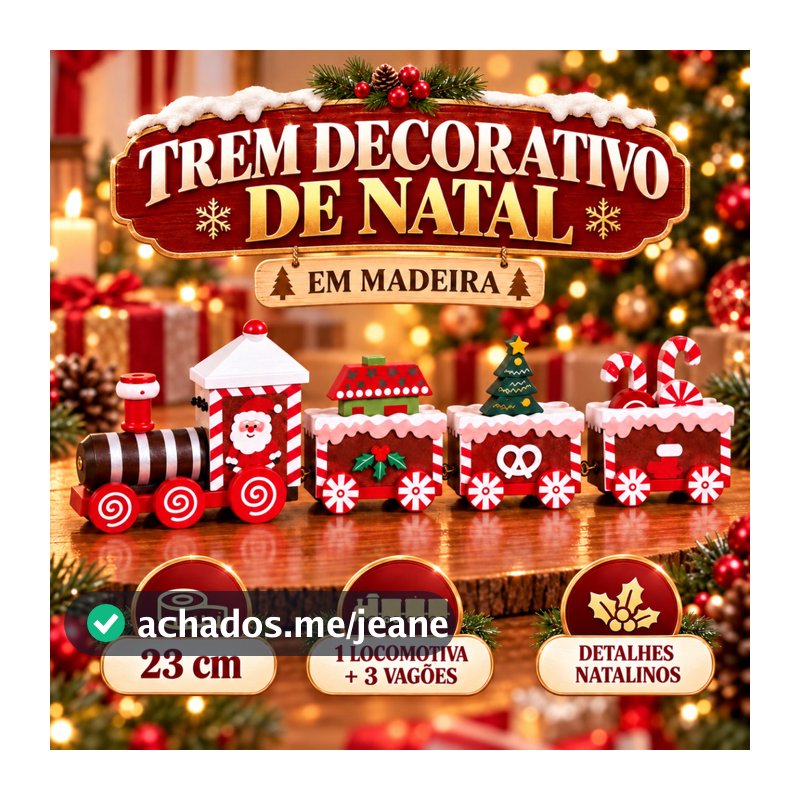 Trenzinho de Natal de Madeira com 3 Vagões Articulados Enfeite para Decoração Natalina Mini Trem