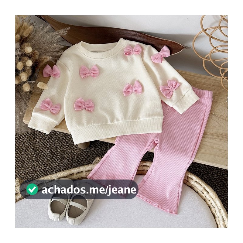 Conjunto De Roupas De Outono Para Bebês Meninas , Moletom Com Laço Fofo E Calça Inferior De Sino Rosa , Bebê Ootd