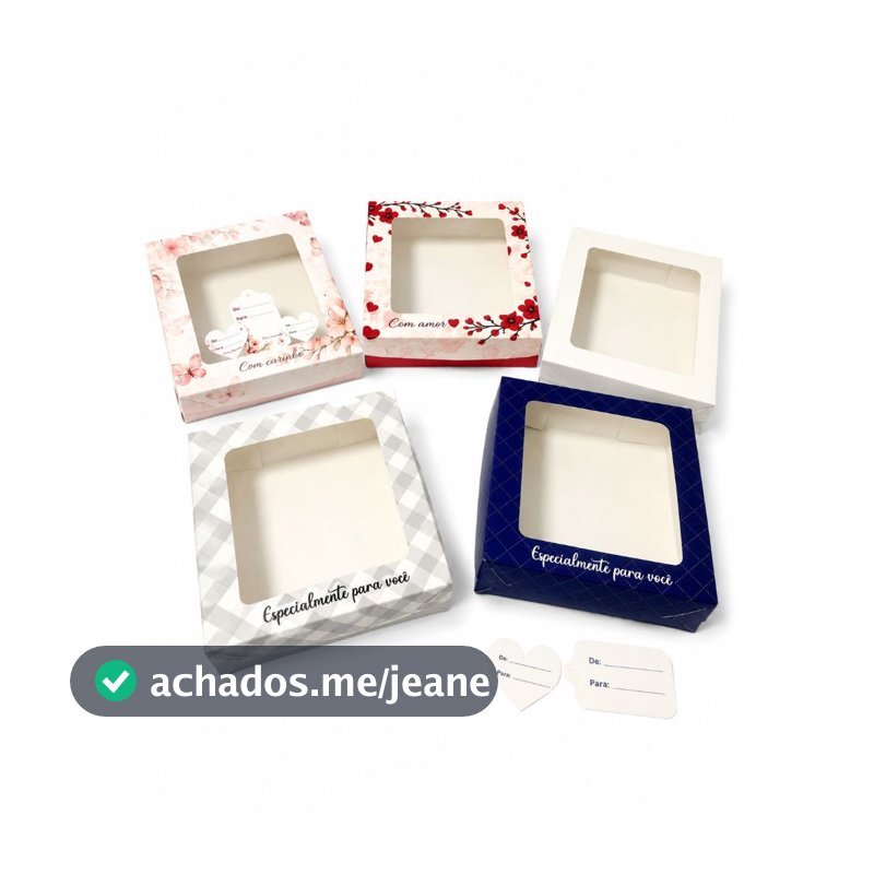 Caixa de Presente com Visor e TAGs 17x17x5cm cosméticos  Estampada, Branca, flores e coração