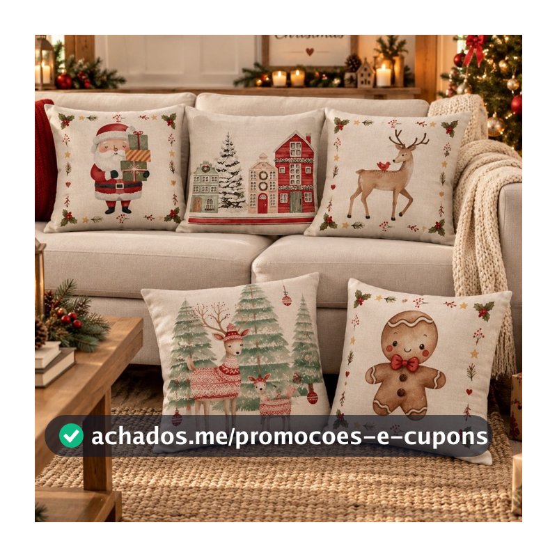 Capa de Almofada Natalina Decoração de Natal Festa Enfeite Papai Noel Renas Boneco de neve 43x43cm