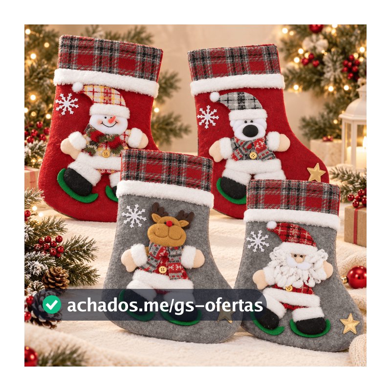 Meia Bota de Natal Decorativa 25x40cm Papai Noel Boneco de Neve Rena Urso