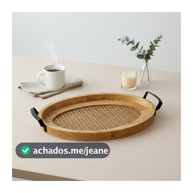Bandeja Oval Madeira Rattan Trama Indiana Boho 54cm