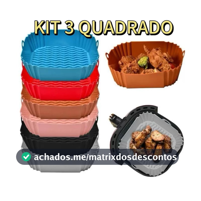 KIT 3 Formas de Silicone Grande Quadrada Antiaderente Assadeira Air Fryer e Forno para Fritadeira Elétrica com Alça