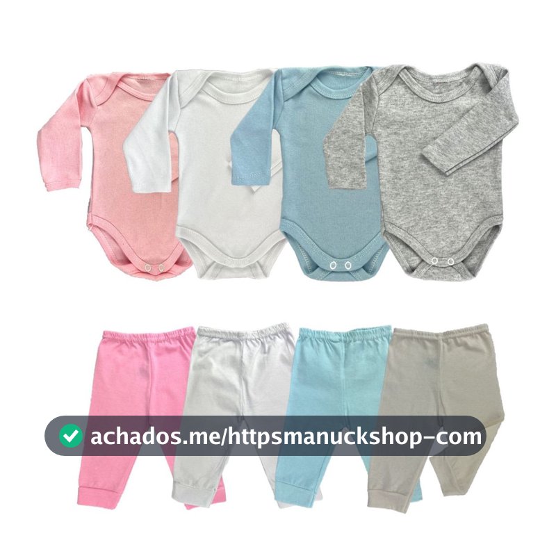 kit 4 peças mijão calça e body manga longa infantil bebe masculino e feminino