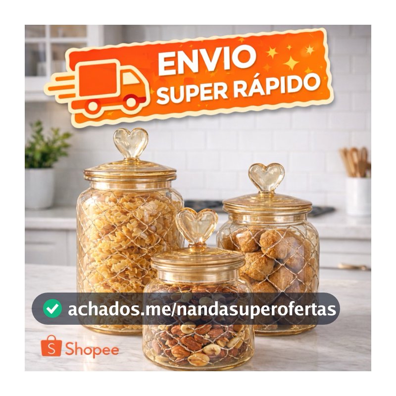 Pote Hermético Coração Vidro 600/900/1250ml Tampa Âmbar / Armazenamento Cozinha / Jogo Kit Conjunto