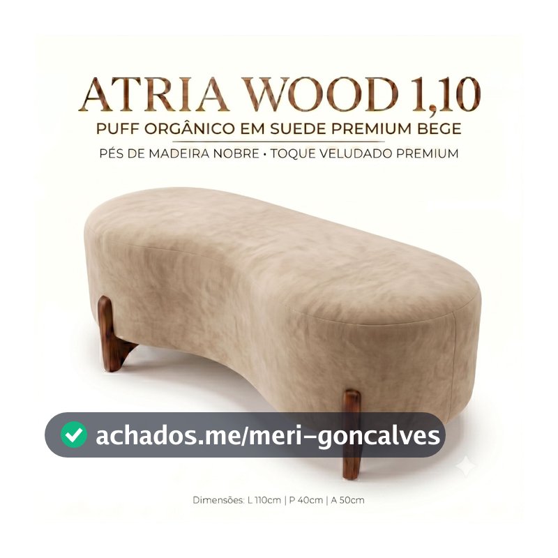 Puff Atria Wood 1,10m em Suede Bege Premium • Design Orgânico Contemporâneo • Sofisticação e Conforto para Ambientes Ele