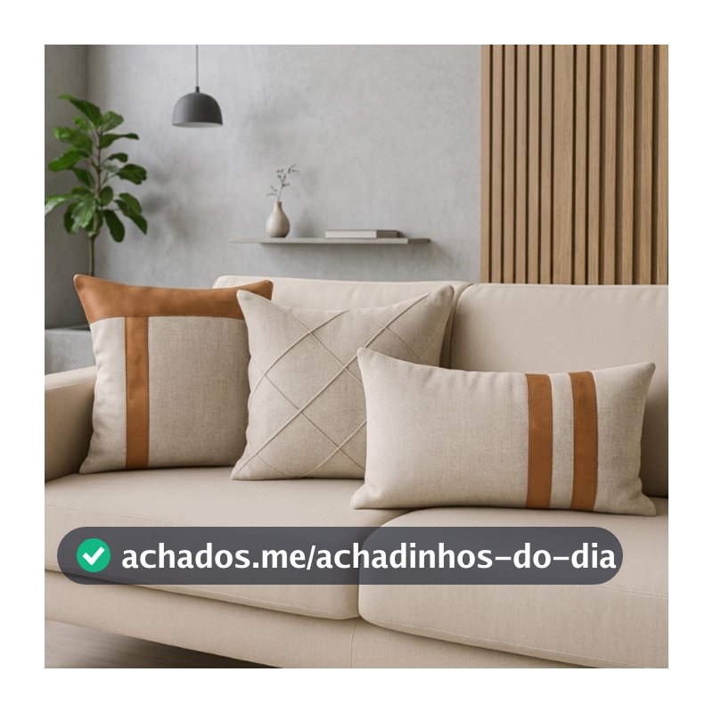 Kit 3 Capas de almofadas Linho Rústico com Couro Decoração para Sala Moderna Caramelo Marrom Preto