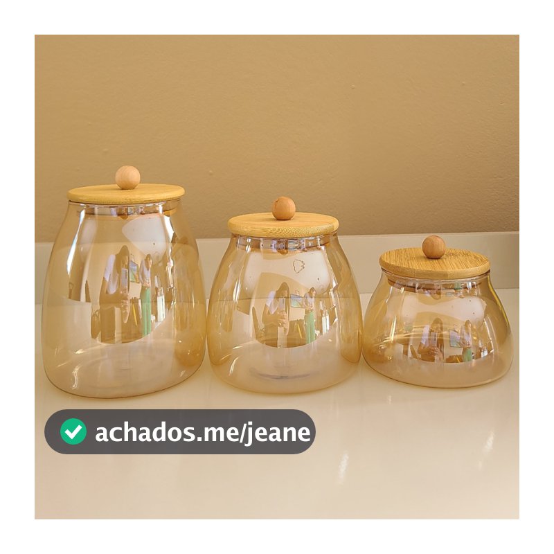 Kit Potes de Vidro com Tampa Bambu Dourado ÂMBAR BOLINHA Hermético Porta Mantimentos organização cozinha decoração