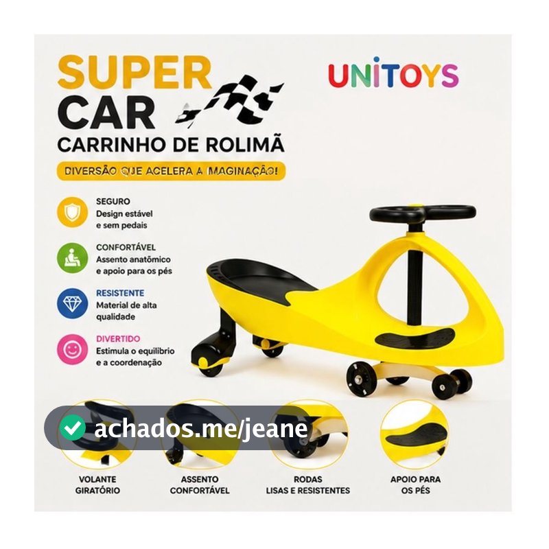 Carrinho Infantil Rolima Supercar Seguro Confortavel Resistente Design Amarelo