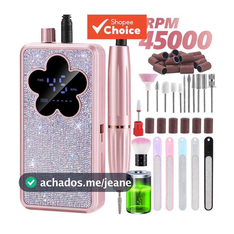 45000RPM Furadeira Elétrica Recarregável para Unhas, Lixa de Unhas Portátil com Strass, Display LED, Função FWD/REV,