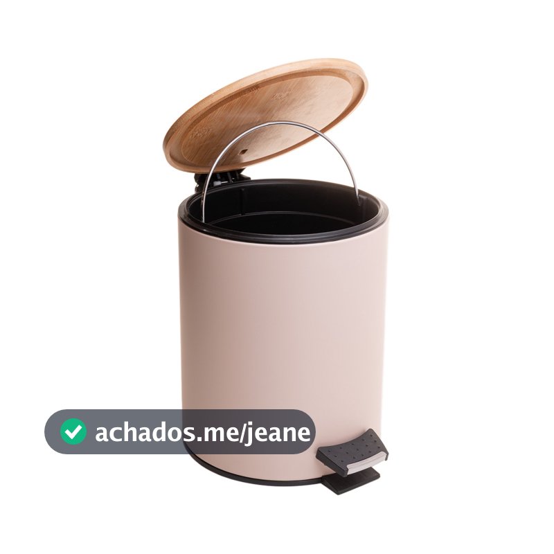 Lixeira Redonda com Tampa em Bambu e Pedal Lyor 5L Bege Aço Inox Organizador Resistente Higiênica Banheiro Elegante Casa