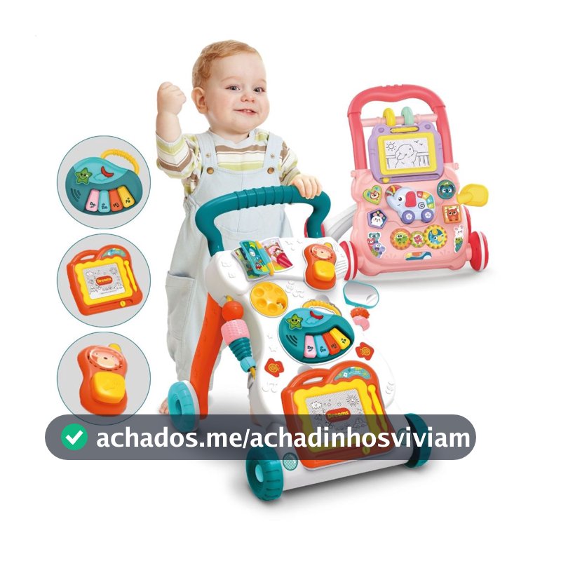 Andador de Empurrar Didático Brinquedo Educativo com Teclado Musical e Lousa Mágica