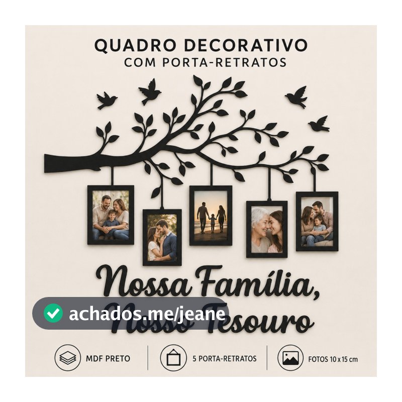 Quadro Decorativo Nossa Família com 5 Porta-Retratos em MDF Preto Sala Quarto