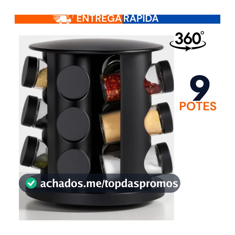 Porta Temperos Giratório 9 Potes Profissional Vidro Tampa Dosadora Preto Condimento Premium PROMOÇÃO