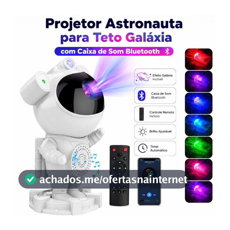 Projetor Astronauta Galáxia Bluetooth Caixa de Som Ruído Branco 15 Efeitos LED Infantil