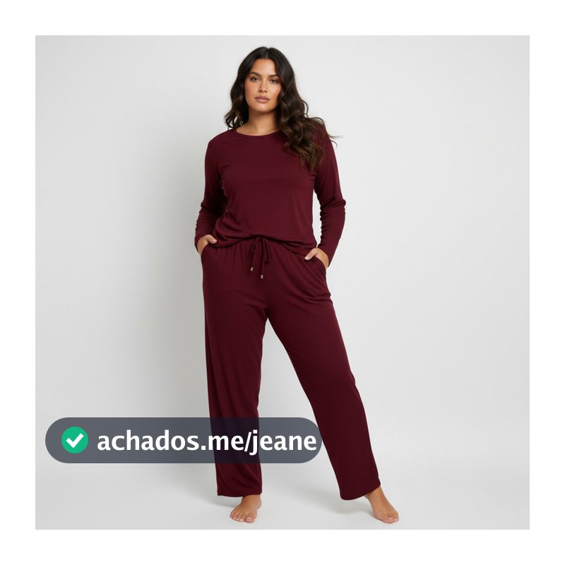 Pijama Plus Size Feminino Canelado Conjunto Manga Longa