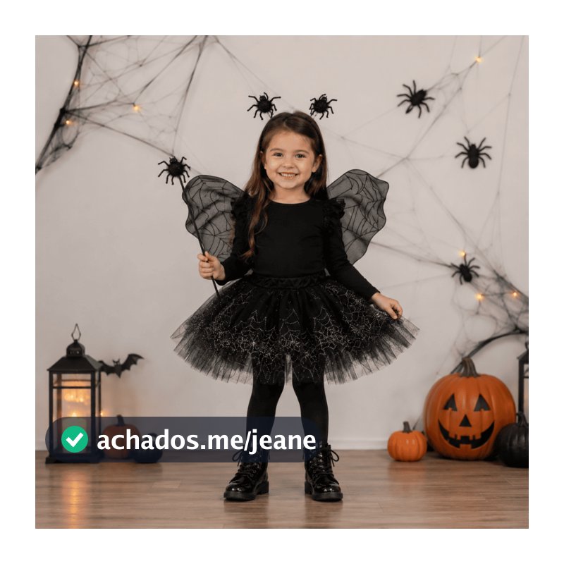 Fantasia Infantil Borboleta Preta Aranha Halloween 4 Peças Menina Saia Tule Tiara Asa Varinha Cosplay Festa