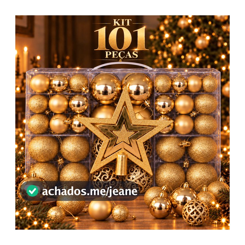 Kit Enfeites de Natal 101 Peças com Bolas Glitter Fosca Brilhante e Estrela 20cm