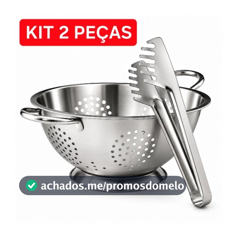Escorredor de Macarrão Massas Multiuso + Pegador de Massas Inox Utensílios Cozinha KIT 2 Peças