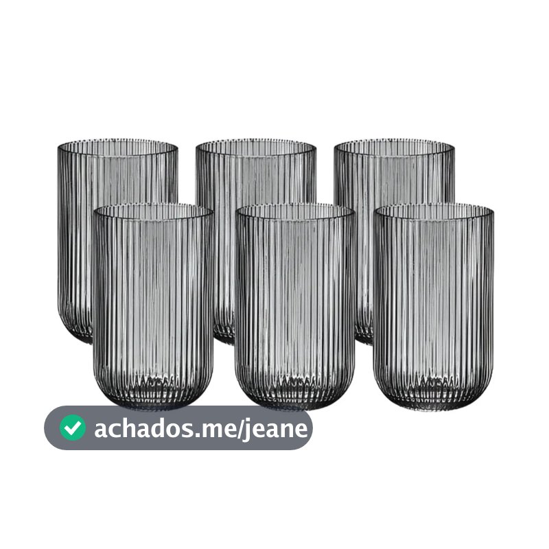 Jogo de 6 Copos De Vidro Canelado 450ml Versalhes Luxo Ambar, Azul, Marsala e Preto fumê