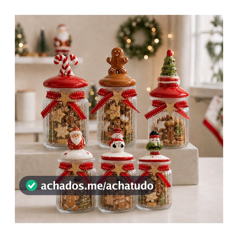 Potes de Vidro Natalinos 300mL - Porta Mini Biscoitos Porta Doces Bomboniere Decoração de Natal com Tampa Decorada