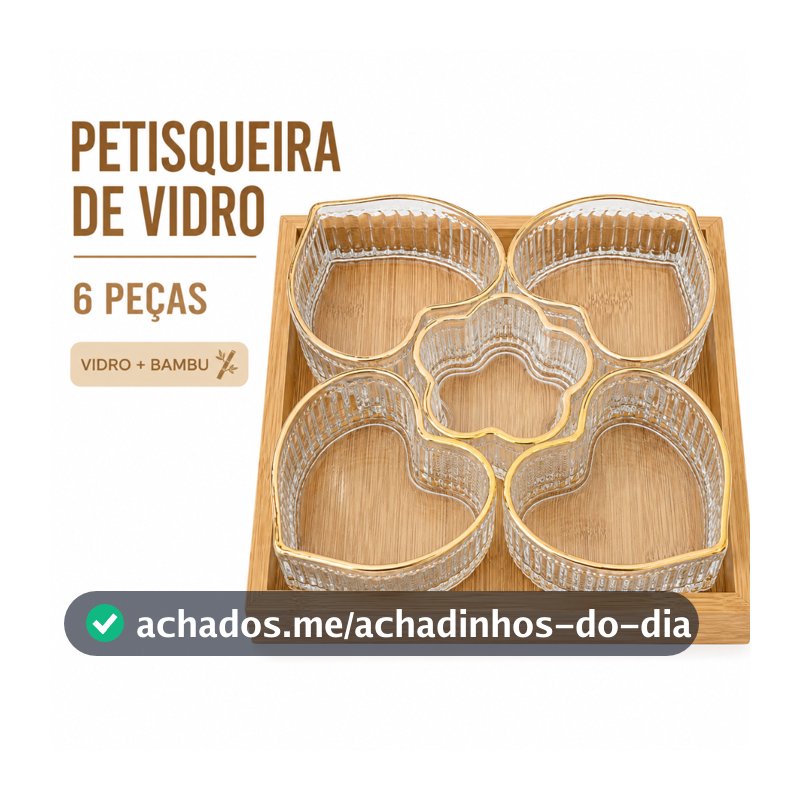 Petisqueira de Vidro 6 Peças com Bandeja de Bambu Tigelas Coração e Flor para Petiscos Doces e Frutas