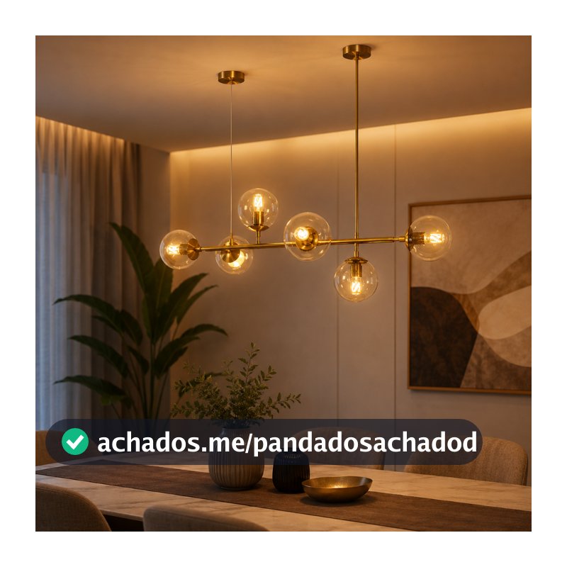 Lustre Pendente Jabuticaba Dourado Com 6 Bolas Globos Âmbar para Ilha Bancada Sala de Jantar Moderno Luxo INL85