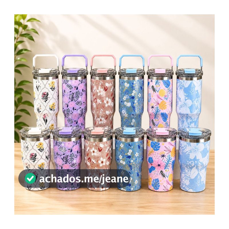 Garrafa Térmica Estampada 600ml 900ml com Alça e Canudo Copo Térmico Inox para Água Viagem Academia-L03