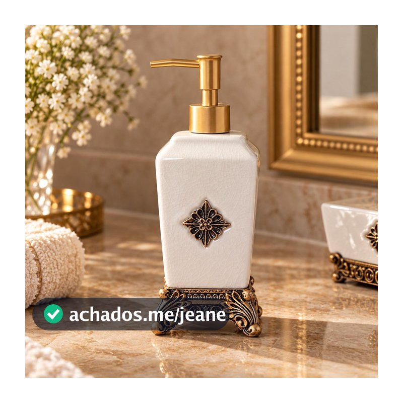 Porta Sabonete Líquido Dispenser Porta Escova e Saboneteira (Porta Joia) Branco Dourado Retro Cerâmica Lavabo Banheiro
