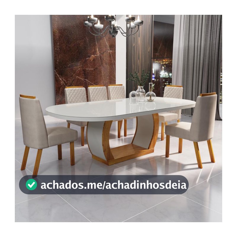 Sala de Jantar 196x90 Mel MDF/Vidro 6 Cadeiras Bom Pastor