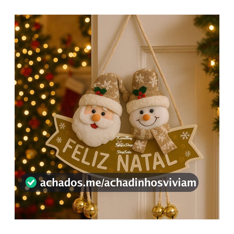 Enfeite De Porta Natalio Papai Noel Boneco De Neve Duplo BEGE Com Placa Feliz Natal Com Guizo Decoração Festas 18x20cm