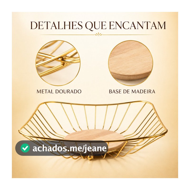 Fruteira de Mesa Dourada com Base de Madeira Cesto Organizador Decorativo 28,4cm