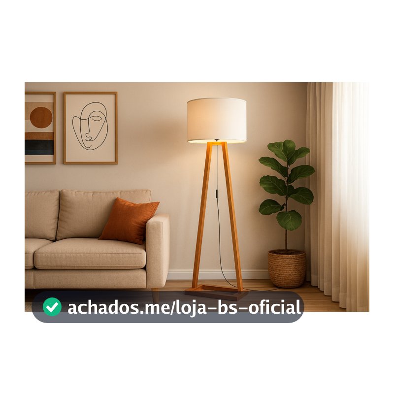 Luminária de Piso Moderna Abajur Chão Madeira Com Cúpula Tecido Off White Para Sala Escritório
