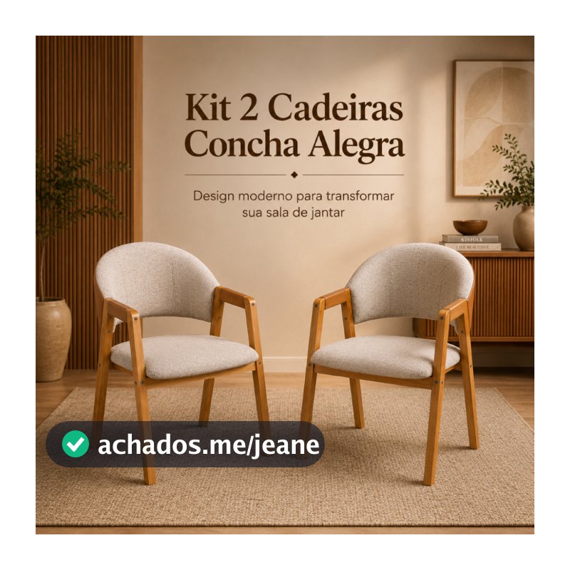Kit 2 Cadeiras Concha Linho Sala de Jantar Madeira Maciça Conforto Premium