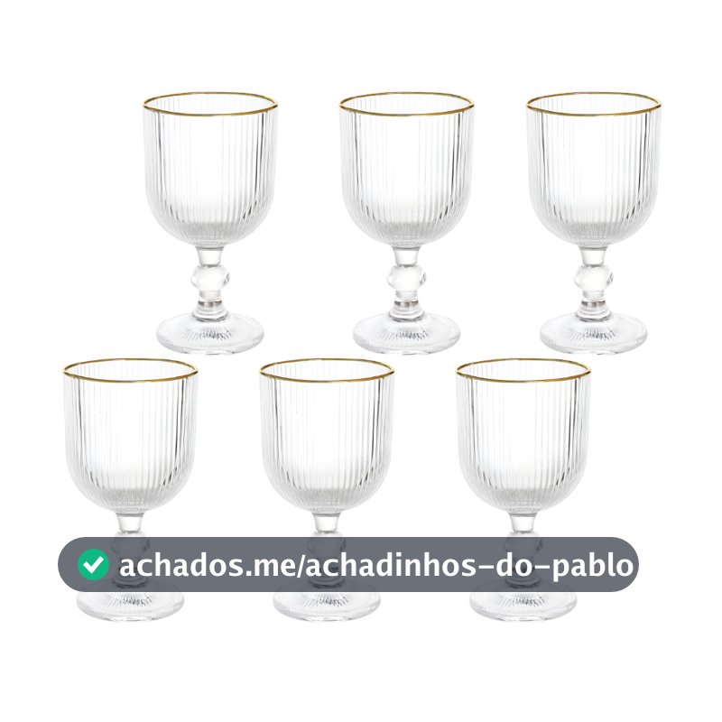 Kit 6 Taças De Vidro 260ml Canelado Versalhes Borda Dourada Bulk