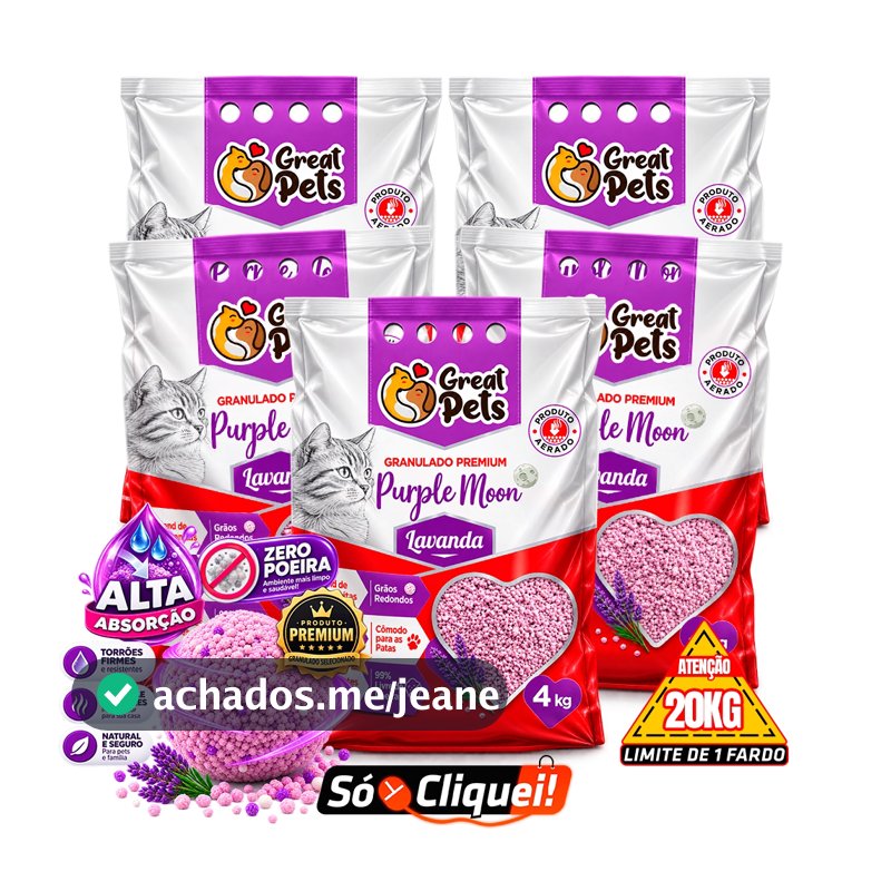 Kit 5 Pacotes Areia Higiênica de Gato Purple Moon 20KG Great Pets Bentonita Com Lavanda Alta Absorção Evita Odores