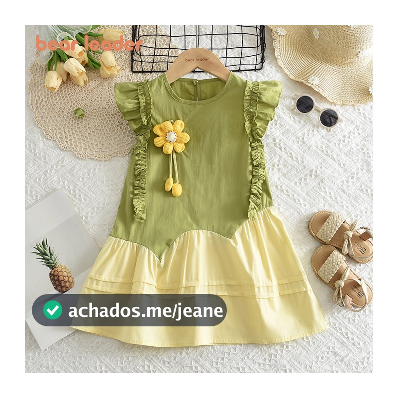 Urso Líder Versão Coreana Plissado 3D Girassol Vestido 2-8 Anos Simples Verão Novas Meninas Roupas Cor Sólida Retalhos C