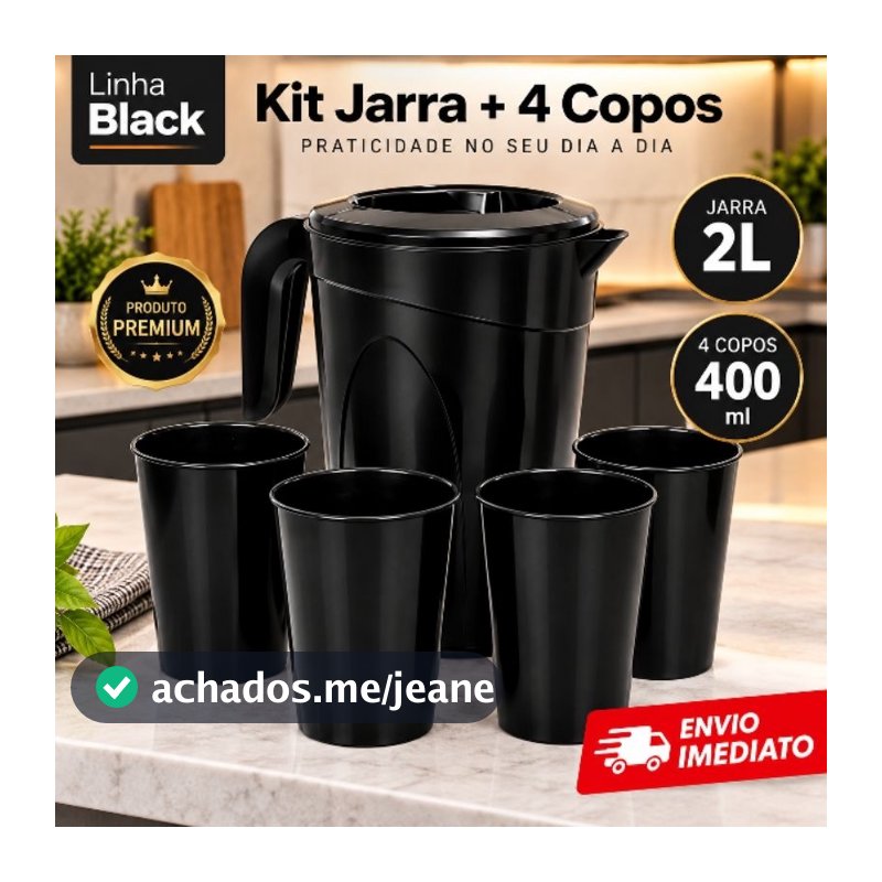 Kit Completo Jarra 2L + 4 Copos Plástico Premium Resistente Prático Cozinha Preto