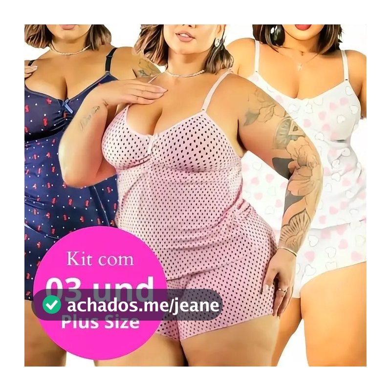 Kit 3 Pijama Plus Size G1 ao G3 Verão Feminino Malha Fria Confortável Short Doll Em Microfibra