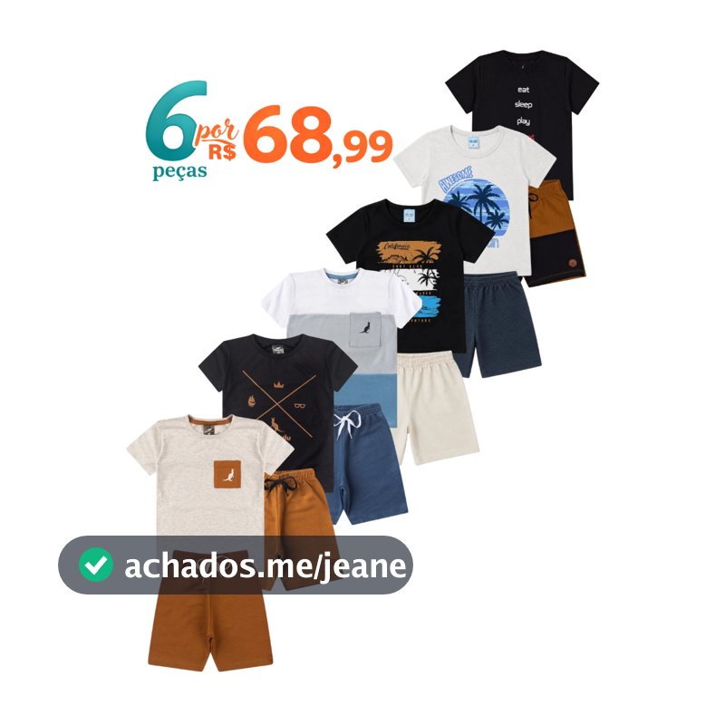 Kit 6 Peças Conjunto Infantil Menino Verão Bebê Algodão Promoção 3 Camisetas + 3 Bermudas Envio Sortido Tamanho 1 ao 12