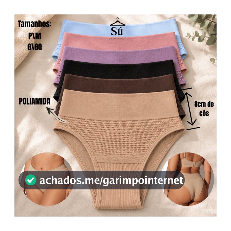 Kit 5 Calcinhas Conforto Feminina Cós Alto Duplo Poliamida Premium Não Marca