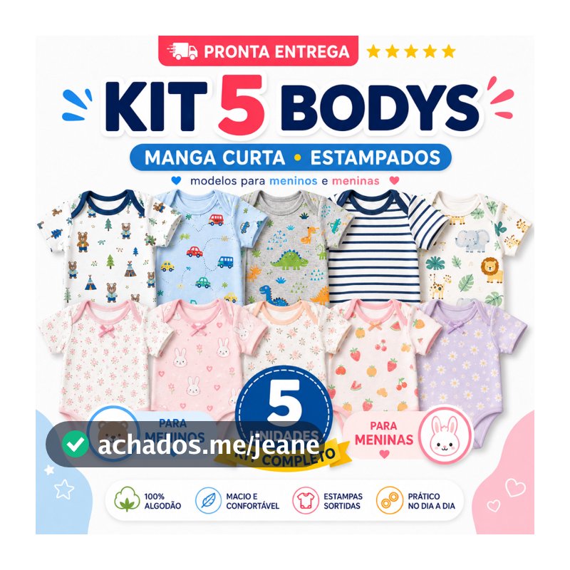 Kit 5 Peças Roupinha de Bebê Body Manga Curta Estampado