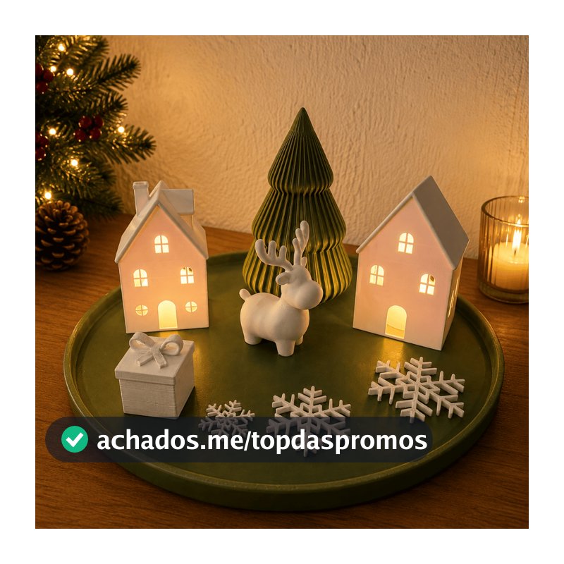 Kit Decoração Natalina com Casinhas Iluminadas, Árvore, Alce e Bandeja – Enfeite de Natal Branco e Verde Oliva