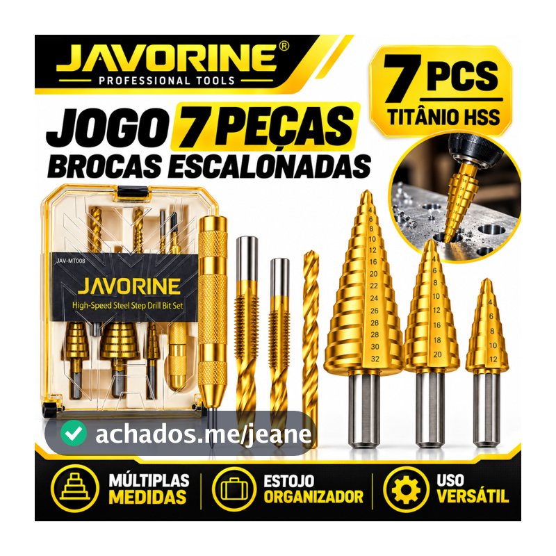 JAVORINE Jogo 7 Brocas Titânio Escalonada Amarela Aço Broca Corte Lateral Marcador Punção C/ Caixa Organizador