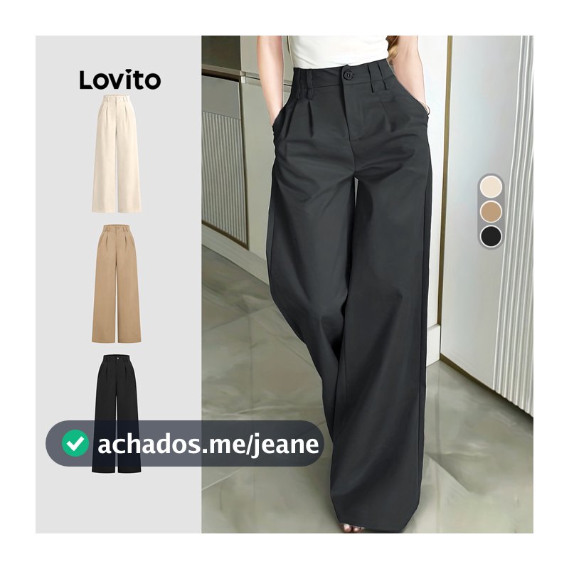 (Lovito x Ana) Cintura Alta Casual Calça com Zíper e Botão Clássica e Versátil Calça Feminina Cinza Escuro Primavera/Verão L34LD052