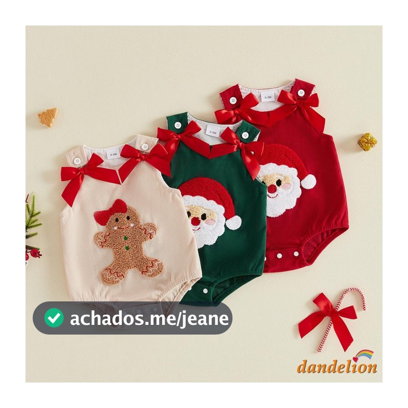 Macacão De Natal Para Bebês Meninas E Meninos Sem Mangas Com Bordado De Papai Noel