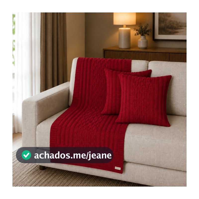 Kit Manta Tricot Californian Style Luxo 3D Tranças + 2 Capas de Almofada Sofá e Cama