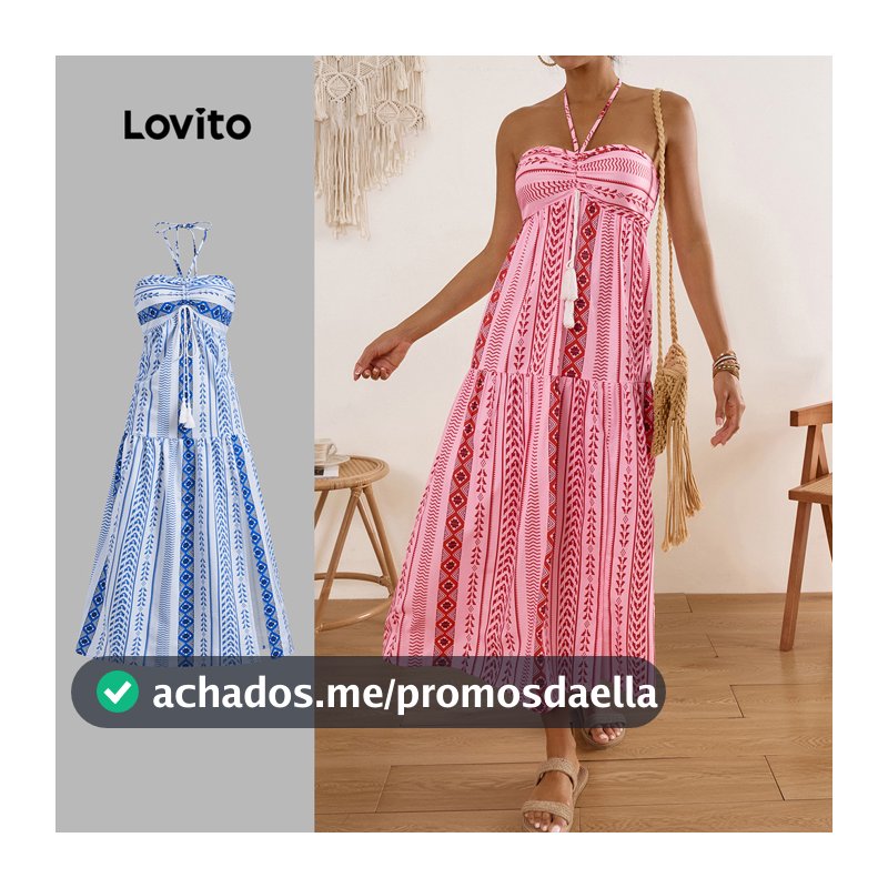 Lovito Vestido Boho De Verão/primavera Praia Longo Com Estampa Tribal E Franjas Para Mulheres LBL17610